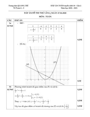 Đáp án Đề thi thử lần 2 - Tuyển sinh vào Lớp 10 môn Toán - Ngày thi 27062020 - Trung tâm Quang Trí